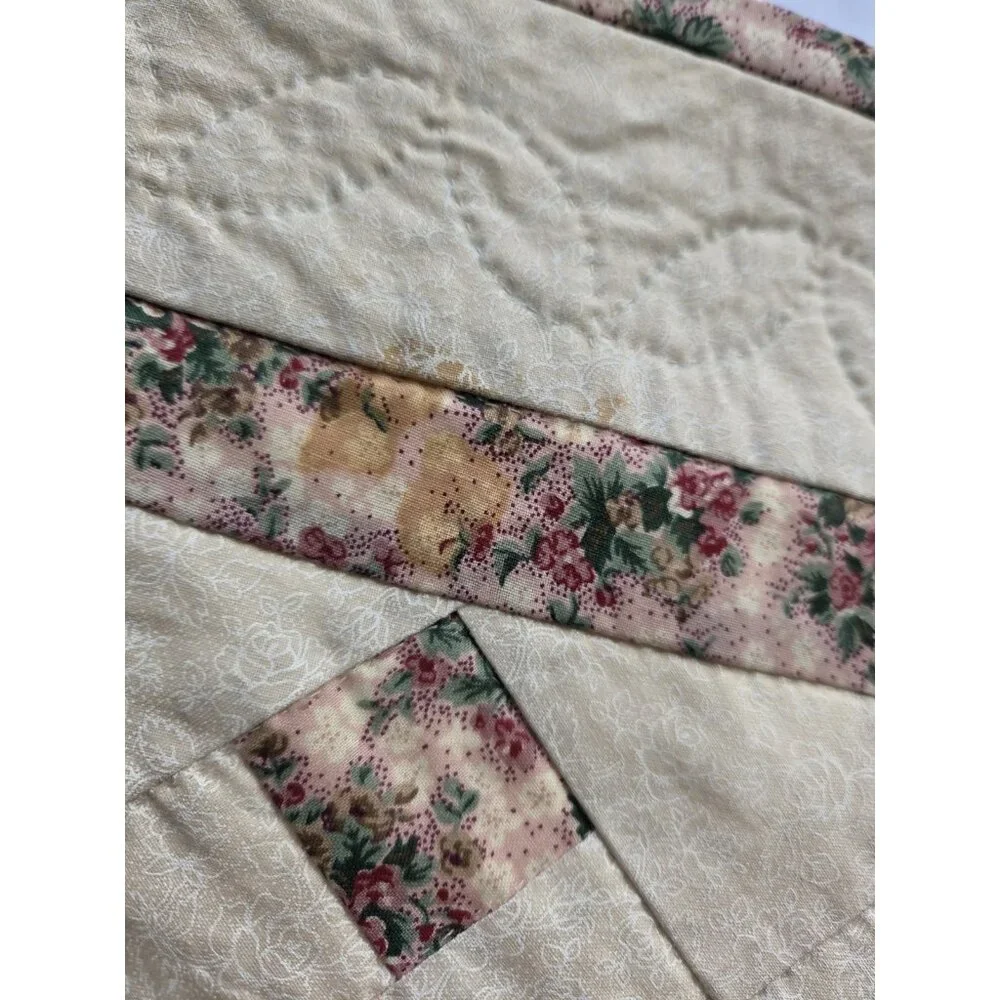 Handmade Floral Print Cotton Hand Quilted Lap Throw Coverlet Baby Quilt Rosettes